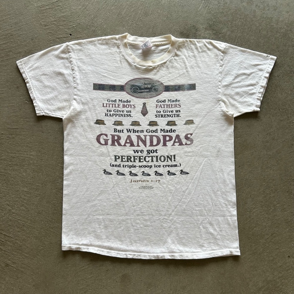 Vintage 90s Jesus Grandpa Shirt Size Large White 1993 James 1:17 Funny Joke God